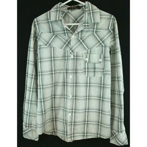 D^blju by Jiniy Shirt Mens Size Med White Black Button up Thin Stripe Checker